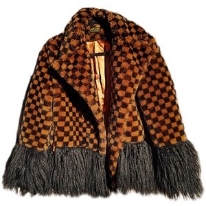 Jayley Women's Lined Checkered Faux Fur Coat - Brown and Black, Fits XS-M